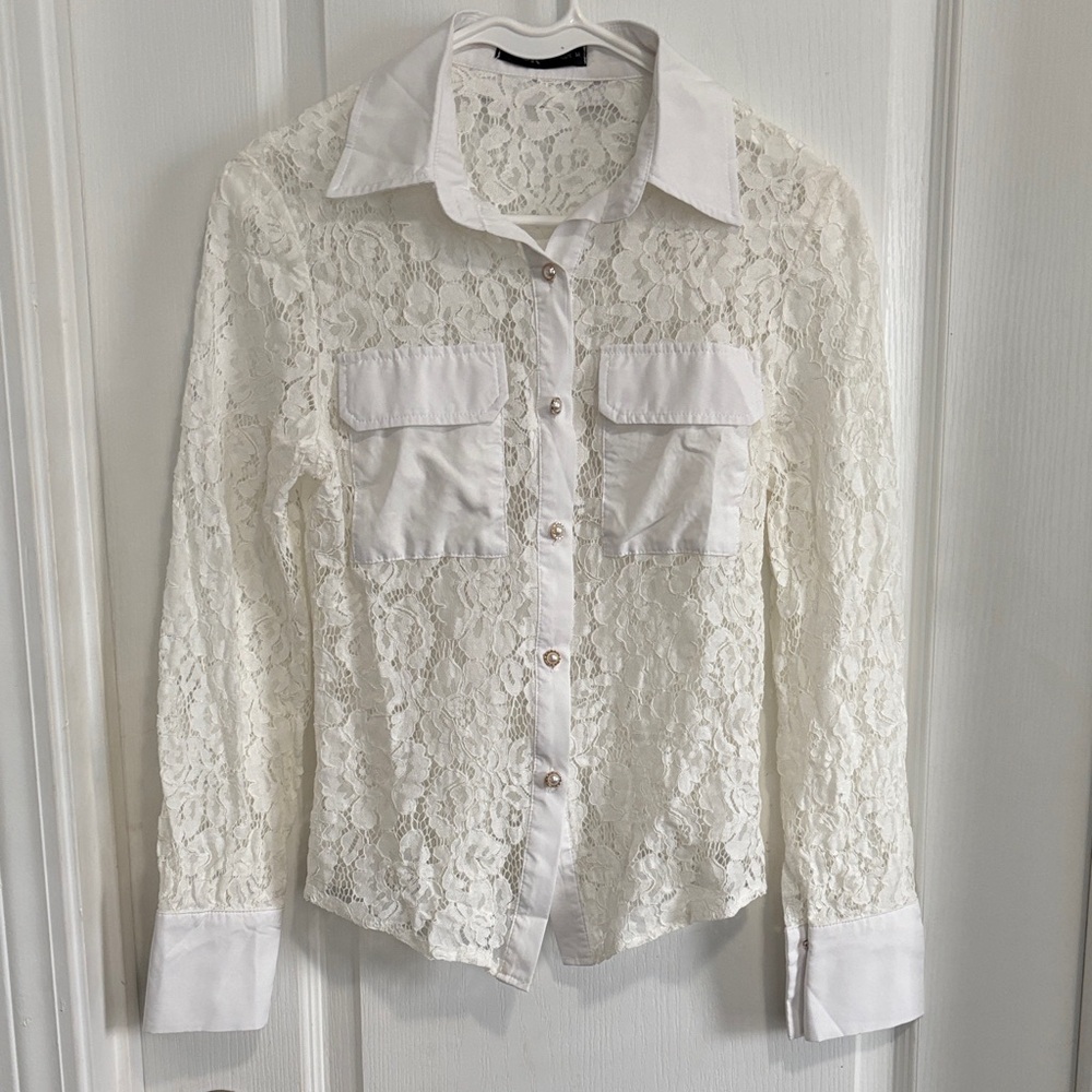 Women's White Lace Button-Down Blouse with Contrast Collar